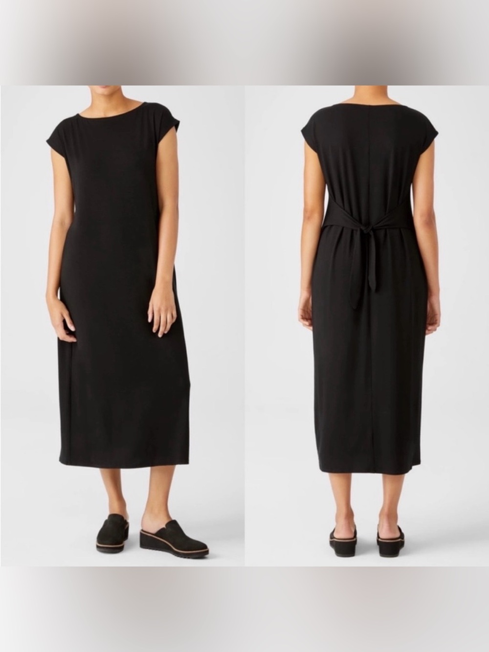 Eileen Fisher Stretch Jersey Knit Tie Waist Dress Size XL Black Bateau Neck NEW